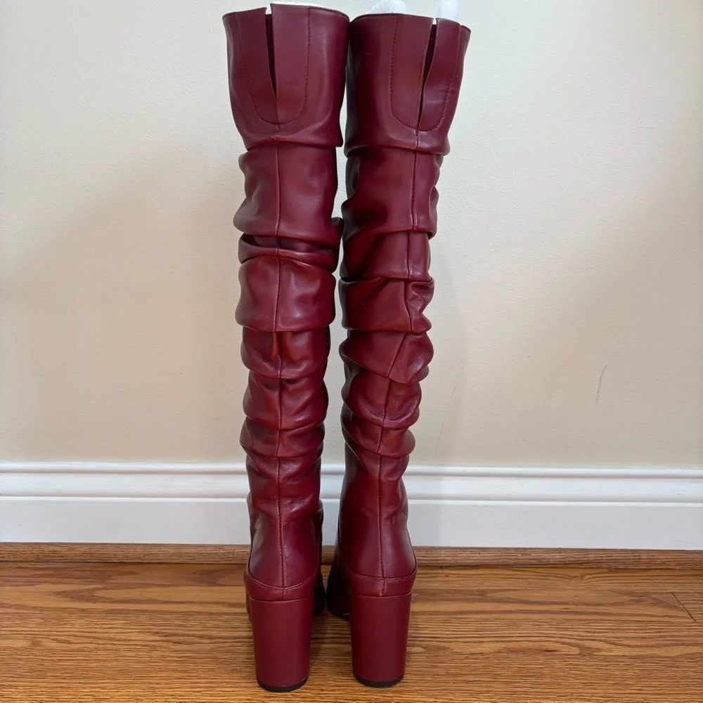 INC International Concepts Tabithaa burgundy Leather Over The Knee Heel Boots 5M
